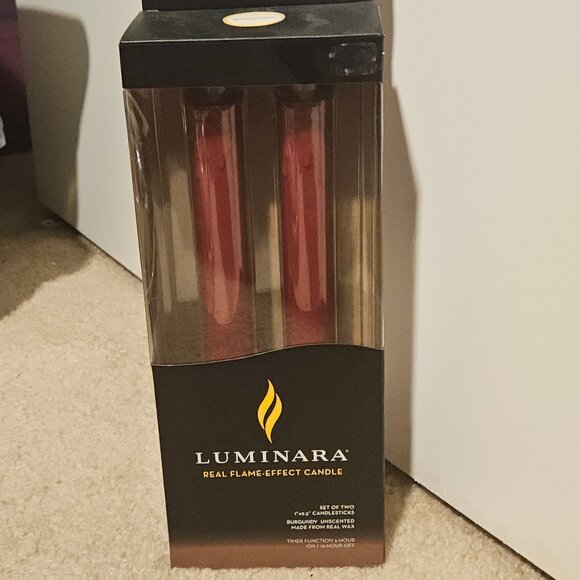 2 LUMINARA FLAMELESS MOVING WICK BURGUNDY RED TAPER CANDLESTICKS BATTERY CANDLE - Picture 1 of 9